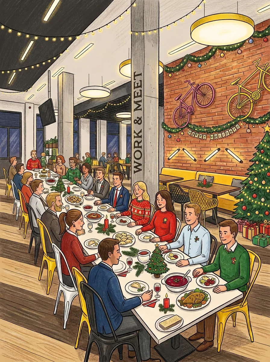 Ilustracja firmowej kolacji wigilijnej w o3Hotel — zespół przy jednym długim stole, barszcz z uszkami i pierogi na talerzach, choinka w tle
